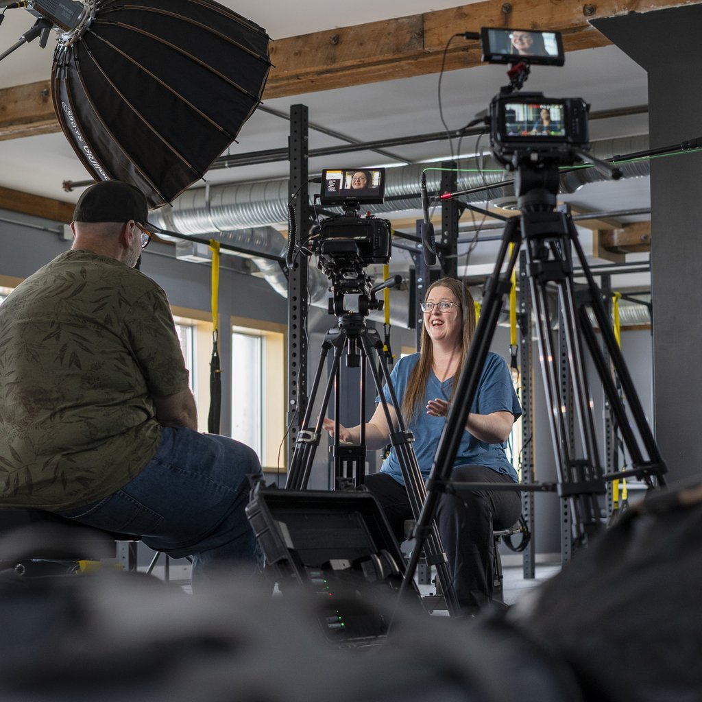 Coalbanks interview set with parabolic softbox and two cinema cameras